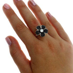 New Black Stone Flower 925 Sterling Silver Ring